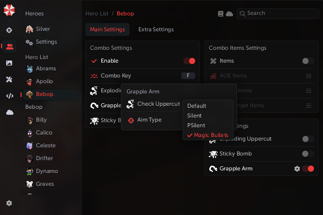 Bebop Grapple Arm aim menu with Magic Bullets selected